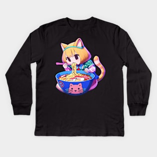 Cute cat eating ramen Kids Long Sleeve T-Shirt